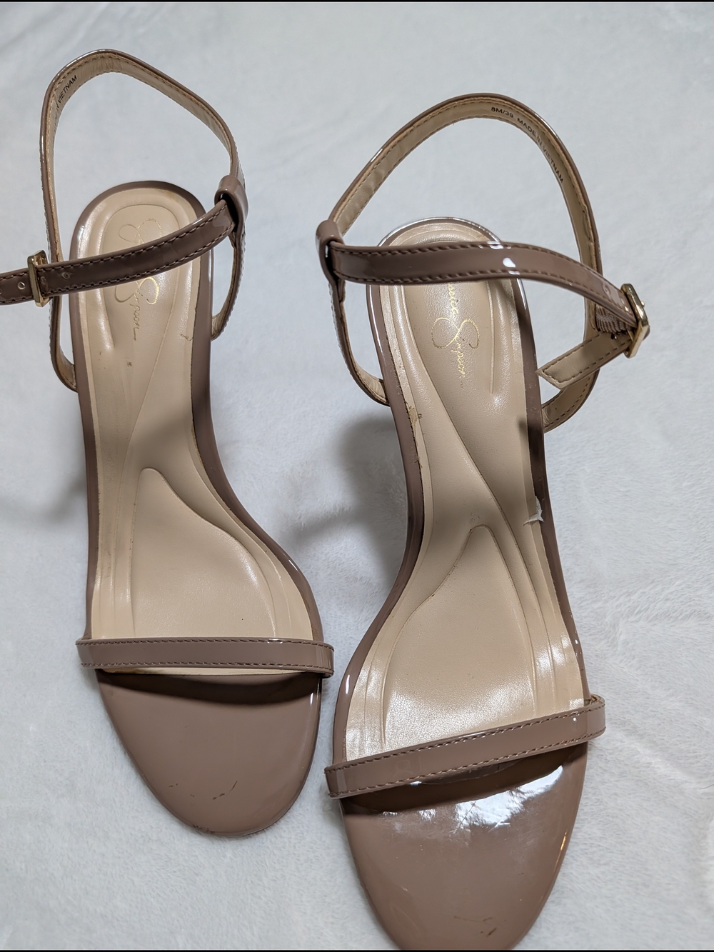 Jessica Simpson Beige Patent Ankle-Strap Sandals